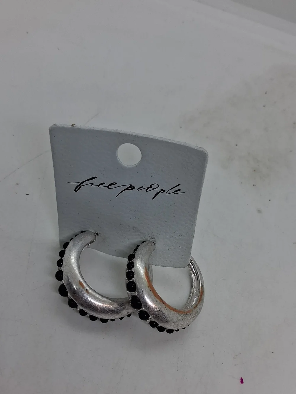 NWT Free People Silver Hoops with Black Gem Accents